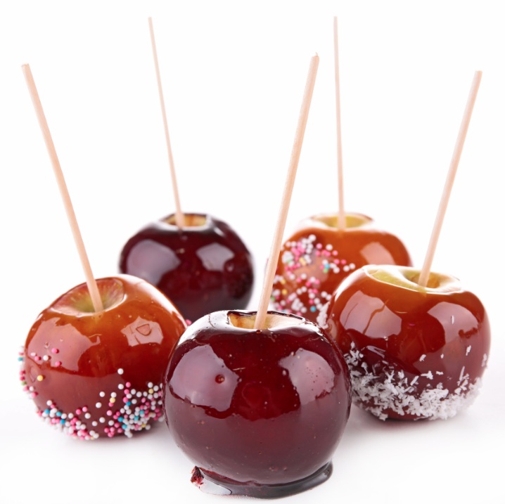 Five caramel apples, for a list of halloween recipes