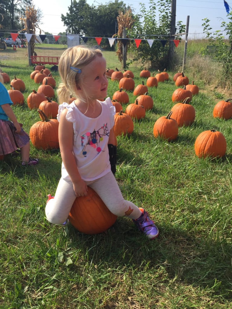 a young girl sits on a pumpkin at pumpkin town