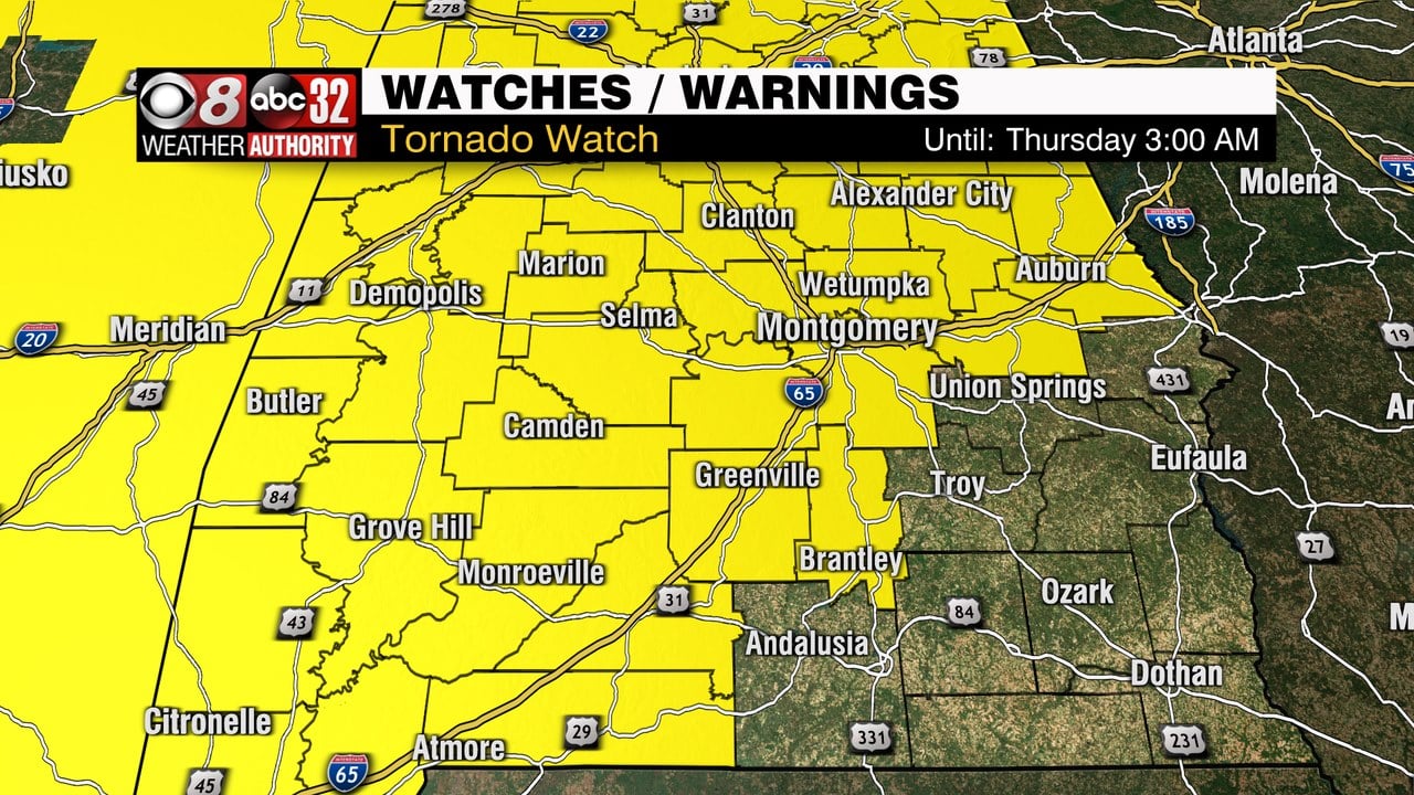 UPDATE New Tornado Watch Until 3AM Thursday; Includes Montgomery WAKA 8