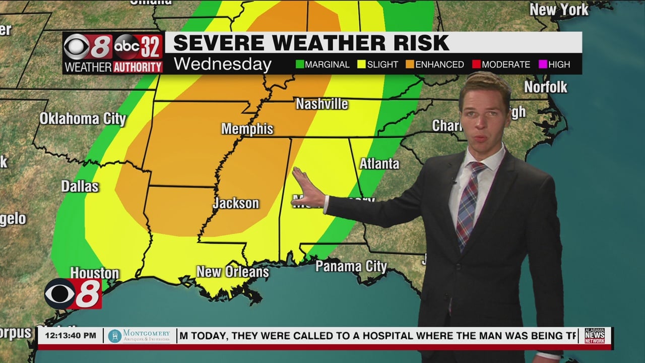 Clouds, Showers Monday, Severe Risk Late Wednesday - WAKA 8