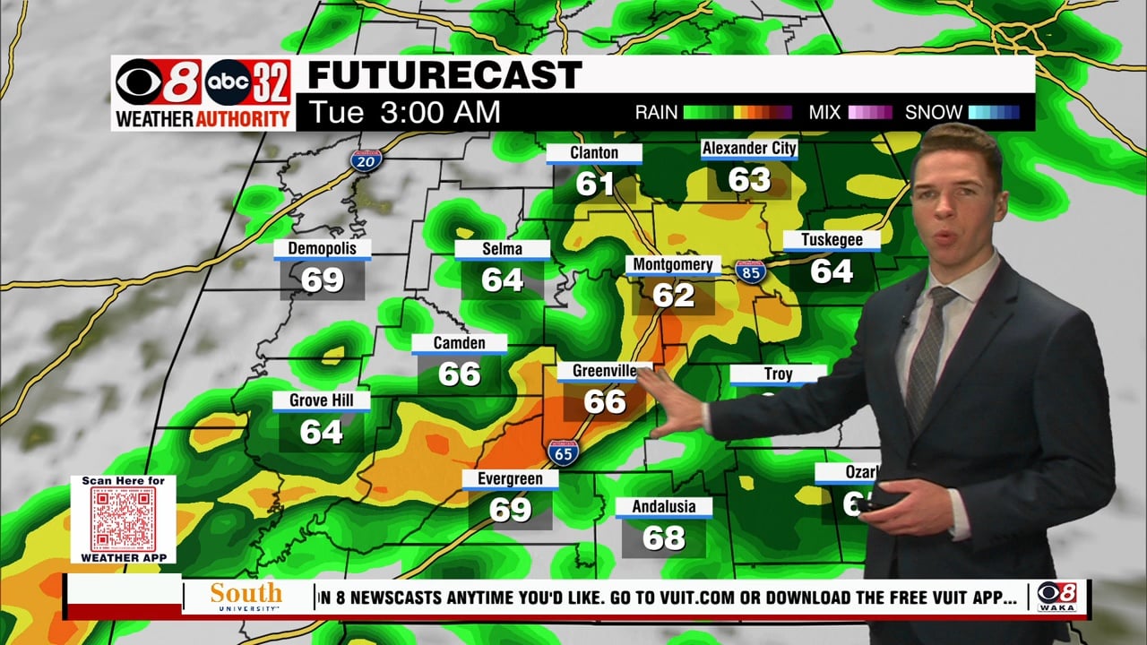 Clouds increase Monday; Storms Monday night into Tuesday - WAKA 8