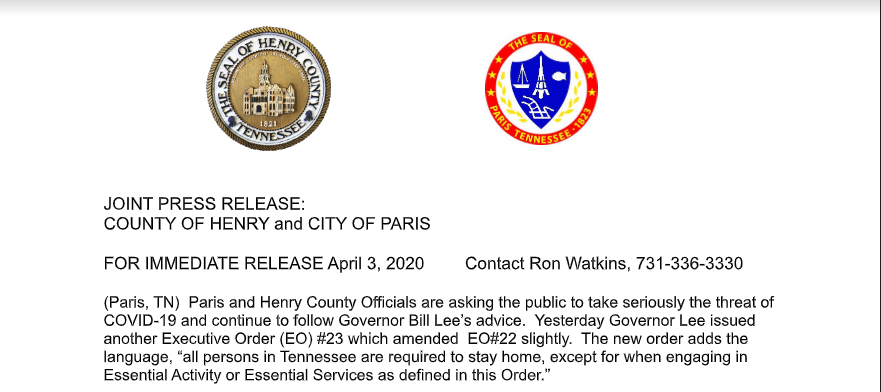 Press Release From Henry Co And City Of Paris