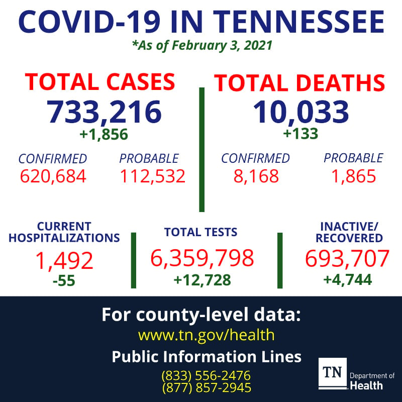 COVID-19 in Tennessee: 1,856 new cases, 733,216 total ...