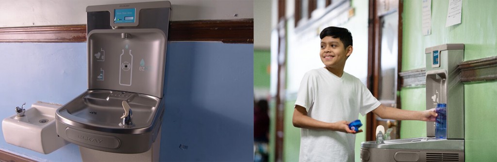 Bottle Filler Water Fountains In School Hallway