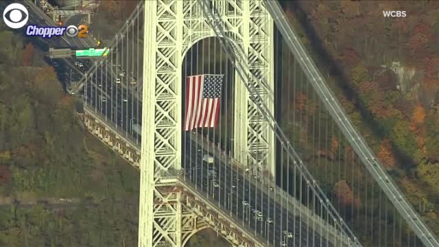 Giant American Flag On George Washington Bridge For Veterans Day