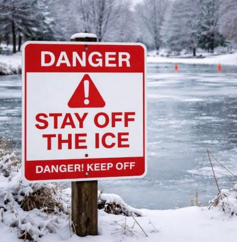 Stay off the ice sign