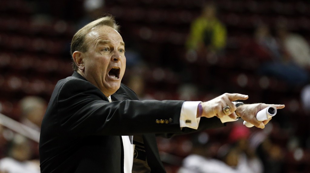 Mississippi State basketball coach Vic Schaefer calls out to his players in the first half of an NCAA college basketball game against South Carolina in Starkville