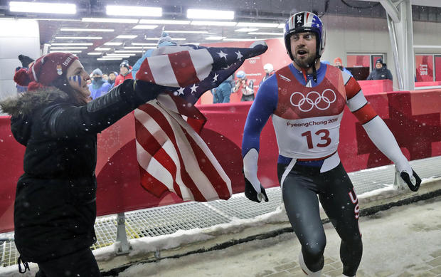 Chris Mazdzer of United States celebrates his silver medal win during final heats of the men's luge competition at the 2018 Winter Olympics in Pyeongchang