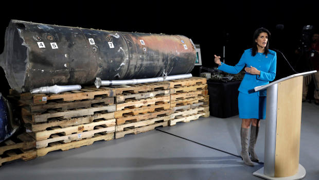 U.S. Ambassador to the United Nations Nikki Haley briefs the media in front of remains of Iranian "Qiam" ballistic missile provided by Pentagon at Joint Base Anacostia-Bolling in Washington