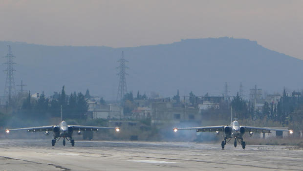 Two Russian Sukhoi Su-25 bombers at the Russian Hmeimim military base in Latakia province