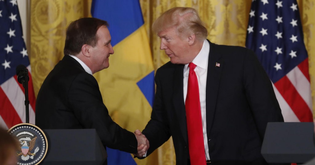 U.S. President Donald Trump and Sweden's Prime Minister Stefan Lofven (L) shake hands at the conclusion of a joint news conference in the East Room of the White House in Washington