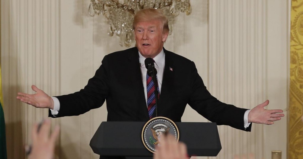 U.S. President Donald Trump speaks during a joint news conference with Latvia's President Raimonds Vejonis