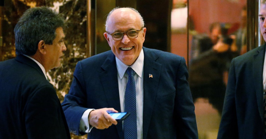 Former New York Mayor Rudy Giuliani leaves the offices of Republican President-elect Donald Trump at Trump Tower in New York