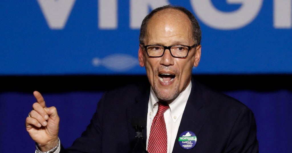 Democratic National Committee Chairman Tom Perez speaks at Ralph Northam's election night rally on the campus of George Mason University in Fairfax