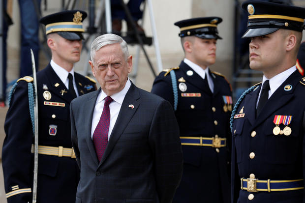 U.S. Defense Secretary James Mattis waits to welcome Polish Defense Minister Mariusz Blaszczak at the Pentagon in Arlington