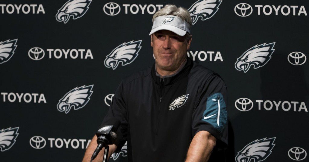 Philadelphia Eagles head coach Doug Pederson takes questions from the media prior to practice at NFL football training camp