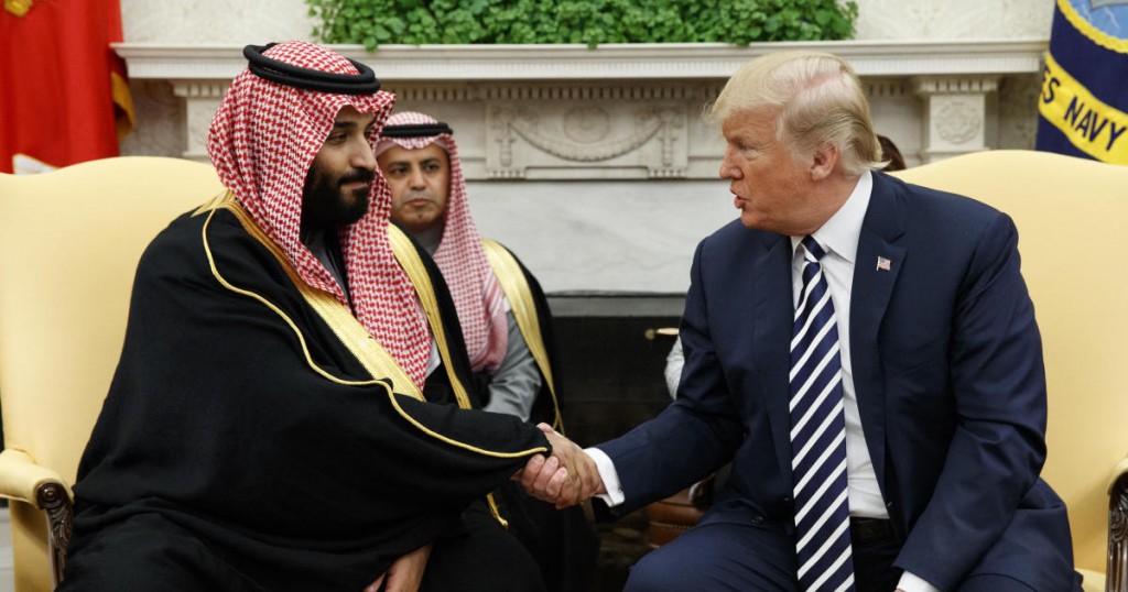 President Donald Trump shakes hands with Saudi Crown Prince Mohammed bin Salman in the Oval Office of the White House
