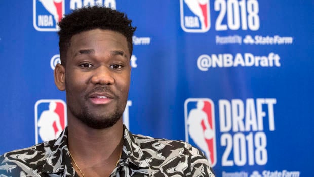 Arizona's DeAndre Ayton speaks to reporters during a media availability with the top basketball prospects in the NBA Draft