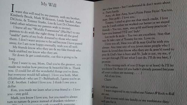 Claire Hough's will written as a teen 