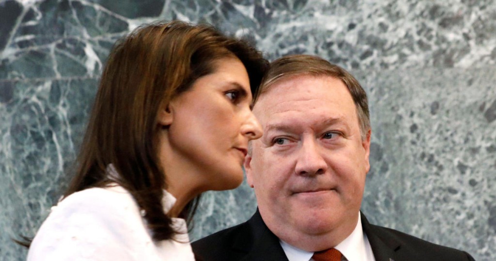 U.S. Secretary of State Mike Pompeo and U.S. Ambassador to the United Nations Nikki Haley hold a press briefing at U.N. headquarters in New York City