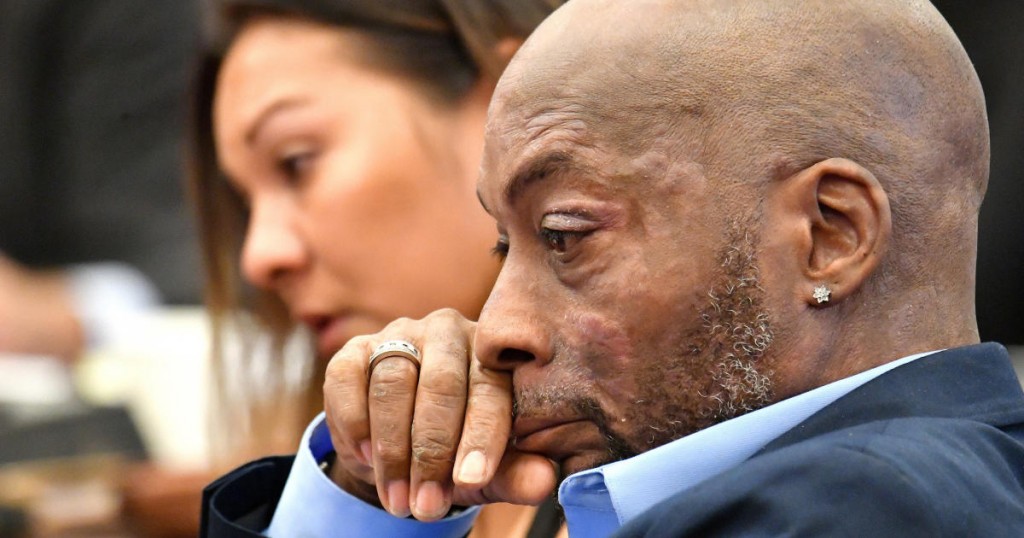 Plaintiff Dewayne Johnson listens as attorney Brent Wisner (out of frame) speaks about his condition during the Monsanto trial in San Francisco