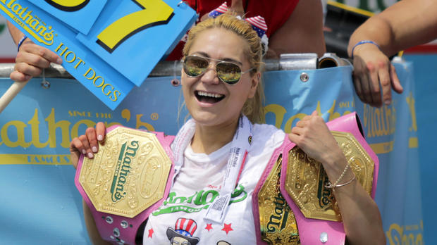 Miki Sudo celebrates after winning the women's annual Nathan's Famous hot dog eating contest on July 4, 2018, in the Coney Island neighborhood of the Brooklyn borough of New York City. 