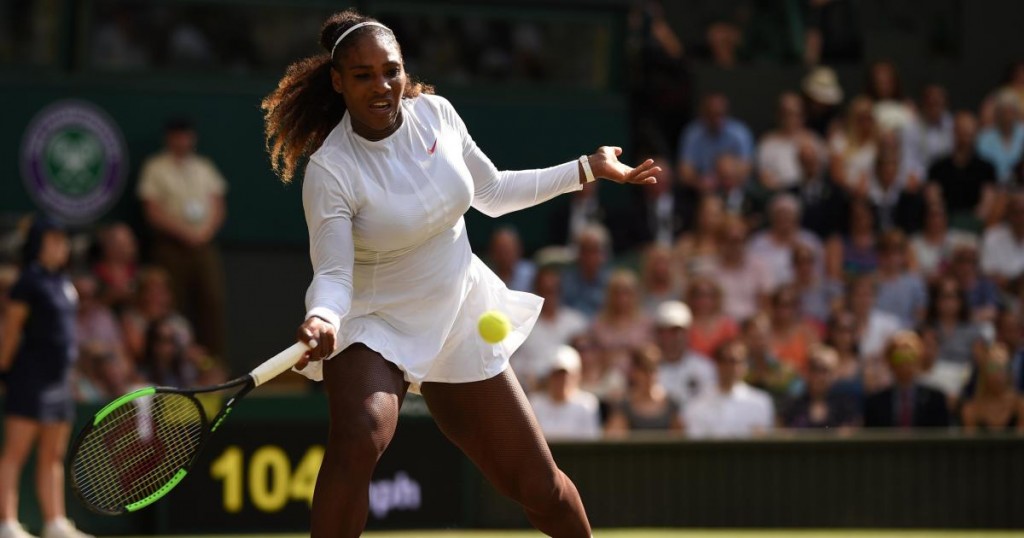 US player Serena Williams returns against Germany's Angelique Kerber during their women's singles final match on the twelfth day of the 2018 Wimbledon Championships at The All England Lawn Tennis Club in Wimbledon