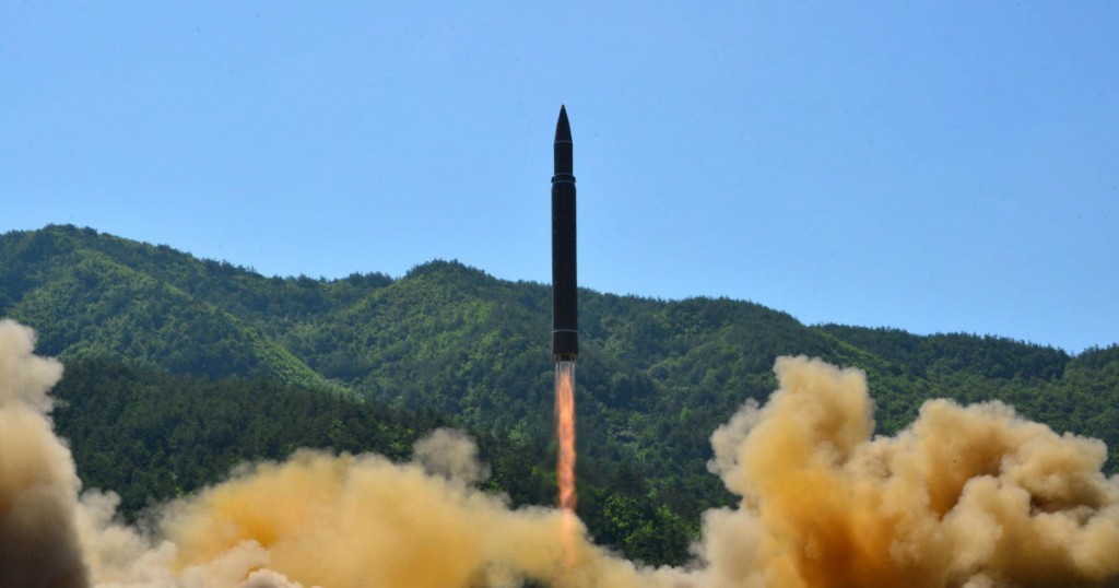 The intercontinental ballistic missile Hwasong-14 is seen during its test in this undated photo released by North Korea's Korean Central News Agency (KCNA) in Pyongyang