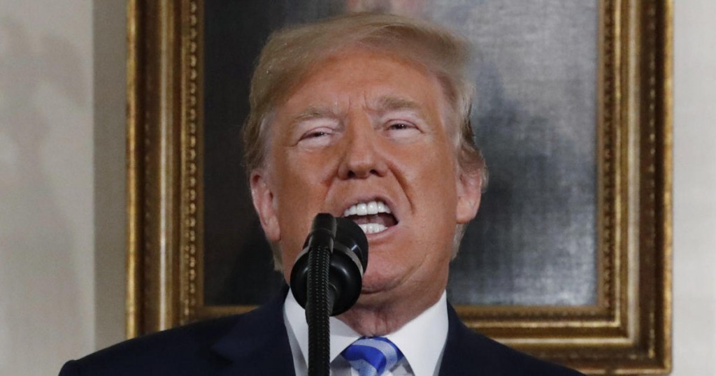 U.S. President Donald Trump announces his intention to withdraw from the JCPOA Iran nuclear agreement during a statement in the Diplomatic Room at the White House in Washington