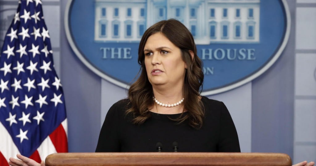White House press secretary Sarah Huckabee Sanders gestures as she answers a question from the media during the daily briefing
