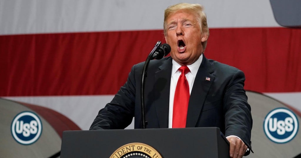 U.S. President Donald Trump speaks about trade at the Granite City Works steel coil warehouse in Granite City