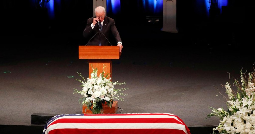 Former US Vice President Joe Biden wipes a tear while giving a tribute during memorial service at North Phoenix Baptist Church for US Senator John McCain on August 30