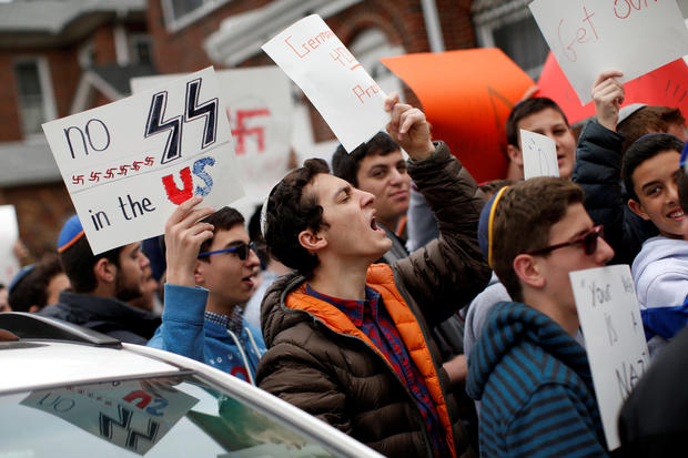 Students from Rambam Mesivta-Maimonides High School protest outside the home of Jakiw Palij in New York 