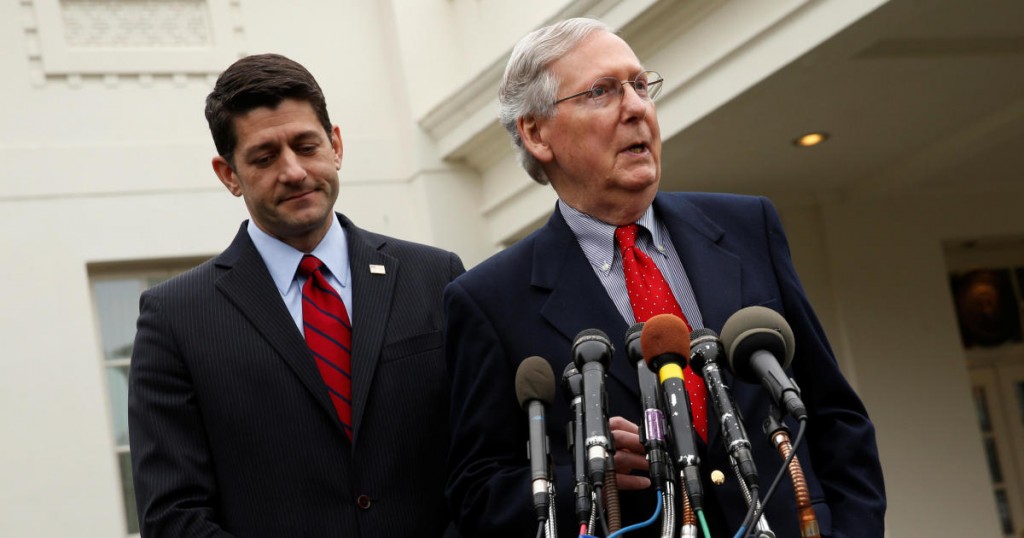 U.S. House Speaker Paul Ryan (R-WI) (L) and Senate Majority Leader Mitch McConnell (R-KY) speak to reporters after meeting with President Trump at the White House in Washington