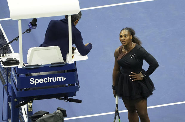 Serena Williams argues with chair umpire during a match against Naomi Osaka