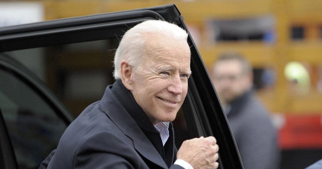 Former US vice president Joe Biden arrives at a rally organized by UFCW Union members to support Stop and Shop employees on strike throughout the region at the Stop and Shop in Dorchester
