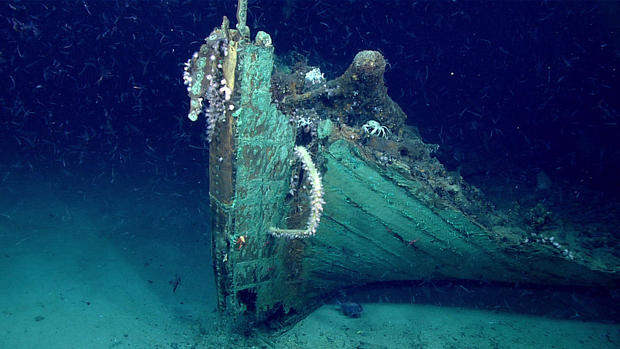 The bow of a shipwreck rests on the bottom of the Gulf of Mexico on May 16, 2019. 