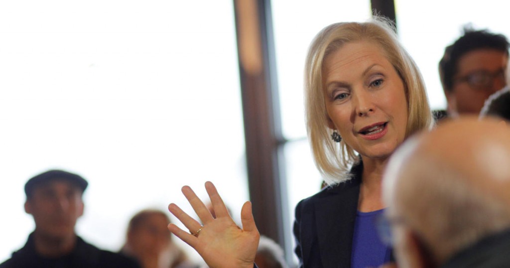 Democratic 2020 U.S. presidential candidate Senator Kirsten Gillibrand (D-NY) greets customers while campaigning for president at Revelstoke Coffee in Concord
