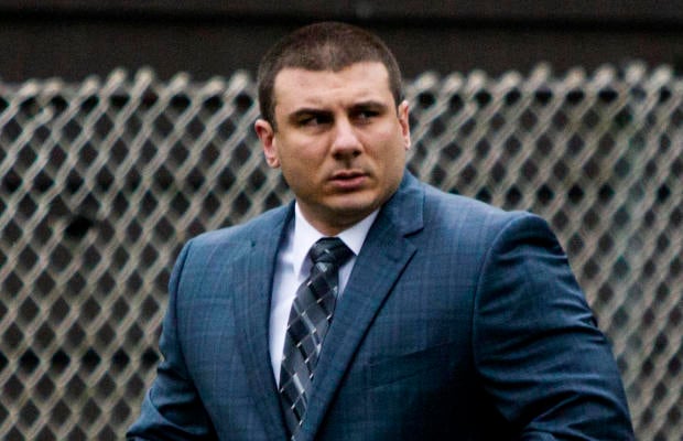 New York City police officer Daniel Pantaleo leaves his house Monday