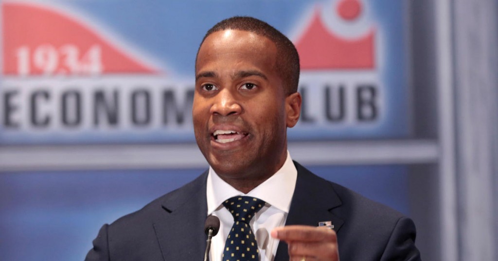Republican U.S. Senatorial challenger John James addresses the Detroit Economic Club during the second debate against Democratic U.S Senator Debbie Stabenow in Detroit