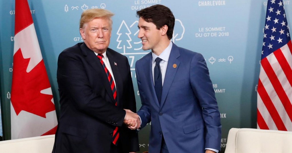 U.S. President Donald Trump shakes hands with Canadas Prime Minister Justin Trudeau in a bilateral meeting at the G7 Summit in in Charlevoix