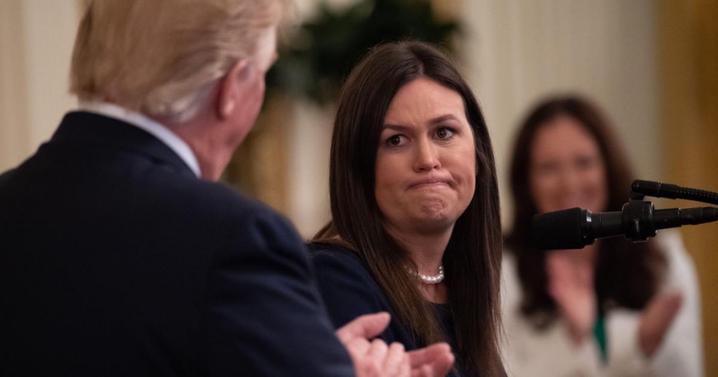 Outgoing White House Press Secretary Sarah Huckabee Sanders speaks alongside US President Donald Trump during a second chance hiring and criminal justice reform event in the East Room of the White House in Washington