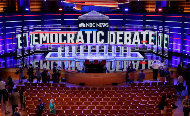 The stage of the first U.S. 2020 presidential election Democratic candidates debate is seen before the first 10 of 20 total Democratic candidates take the stage to start a debate that will be held over the course of two nights at the Adrienne Arsht Performing Arts Center in Miami