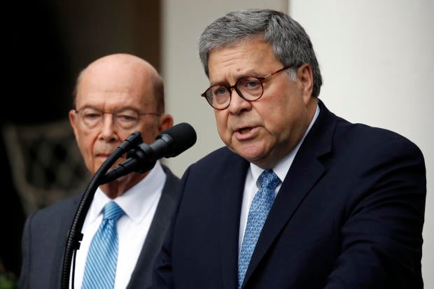 Attorney General William Barr speaks about the census as Commerce Secretary Wilbur Ross listens during an event with President Donald Trump in the Rose Garden at the White House