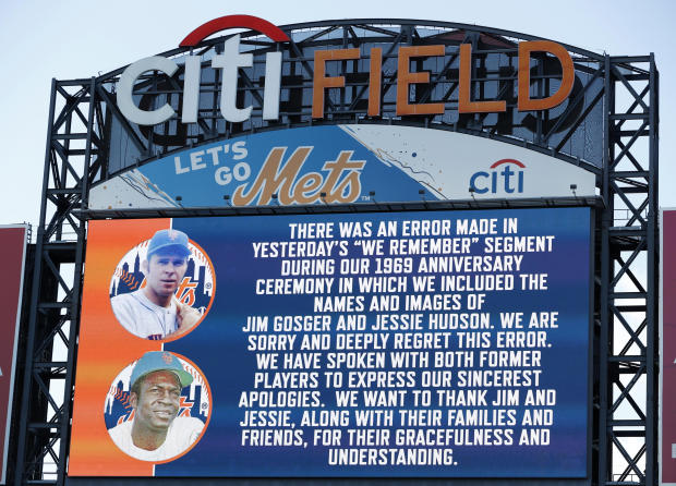 The New York Mets apologize for a gaffe in including the names and photos of Jim Gosger and Jessie Hudson