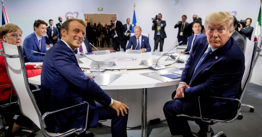 French President Emmanuel Macron and President Donald Trump participate in a G-7 Working Session on the Global Economy