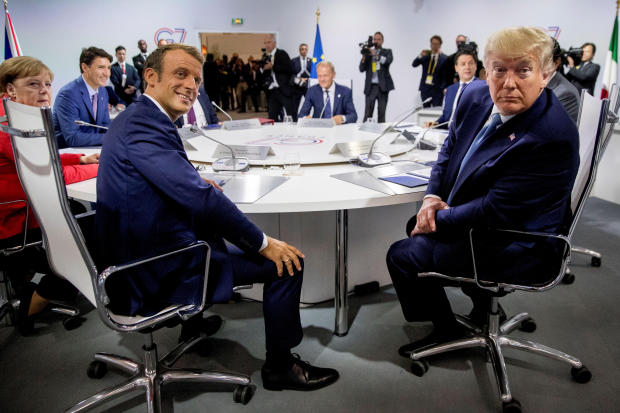 French President Emmanuel Macron and President Donald Trump participate in a G-7 Working Session on the Global Economy