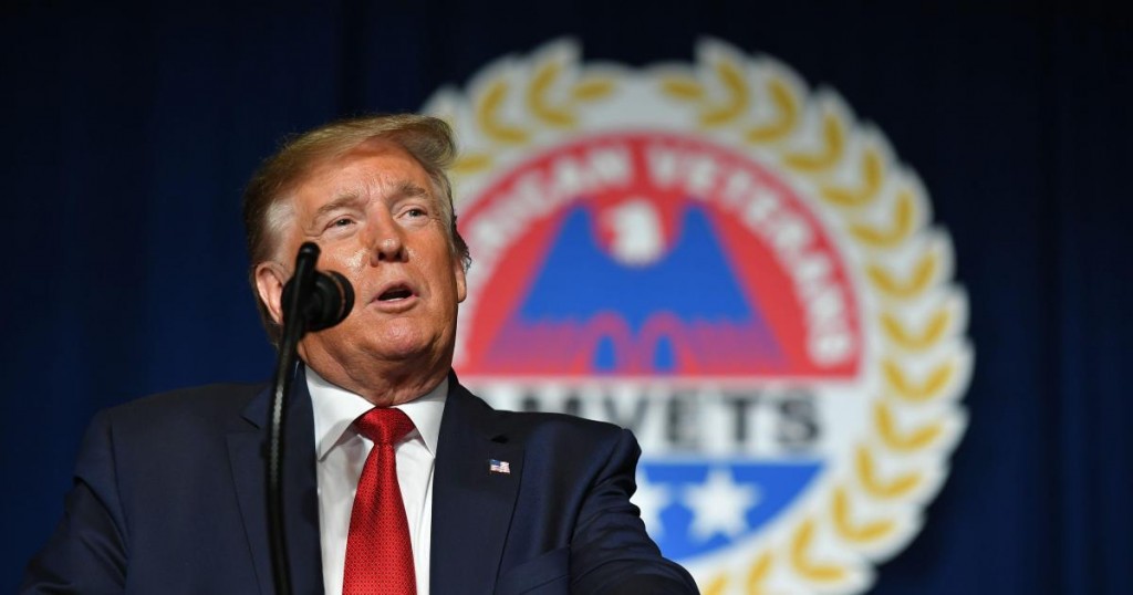 US President Donald Trump addresses the American Veterans (AMVETS) 75th National Convention in Louisville