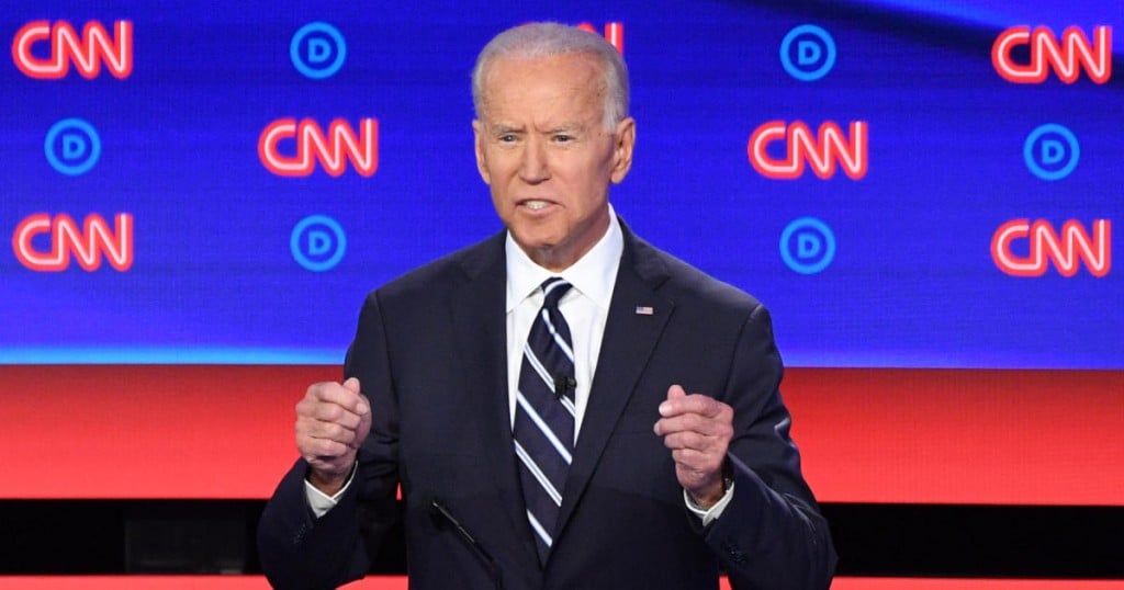 Democratic presidential hopeful former Vice President Joe Biden gestures as he speaks during the second round of the second Democratic primary debate of the 2020 presidential campaign season hosted by CNN at the Fox Theatre in Detroit