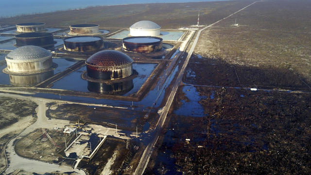 Hurricane Dorian's damage at Equinor's South Riding Point oil storage facility is seen from an aerial view over Grand Bahama, Bahamas, September 7, 2019. 